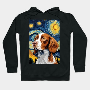 Cute Brittany Spaniel Dog Breed Painting in a Van Gogh Starry Night Art Style Hoodie